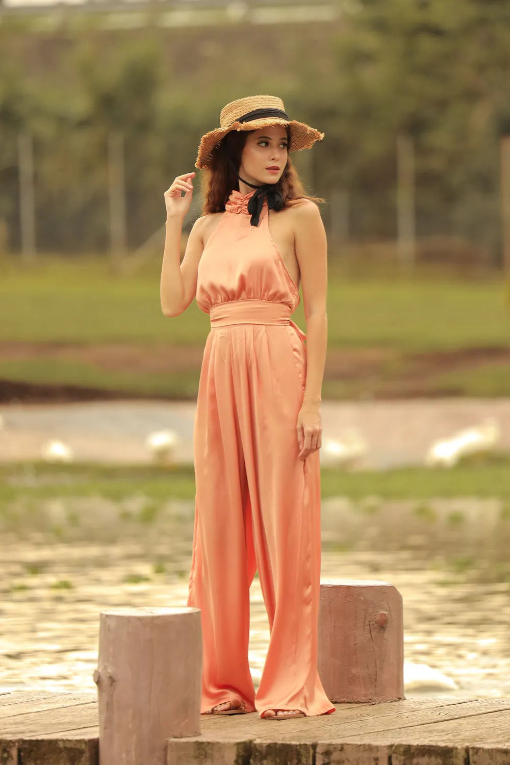 DARCEY PANT SET Halter Tie Back Top with Pleated Wide Leg Pant (Copper SC Silk)