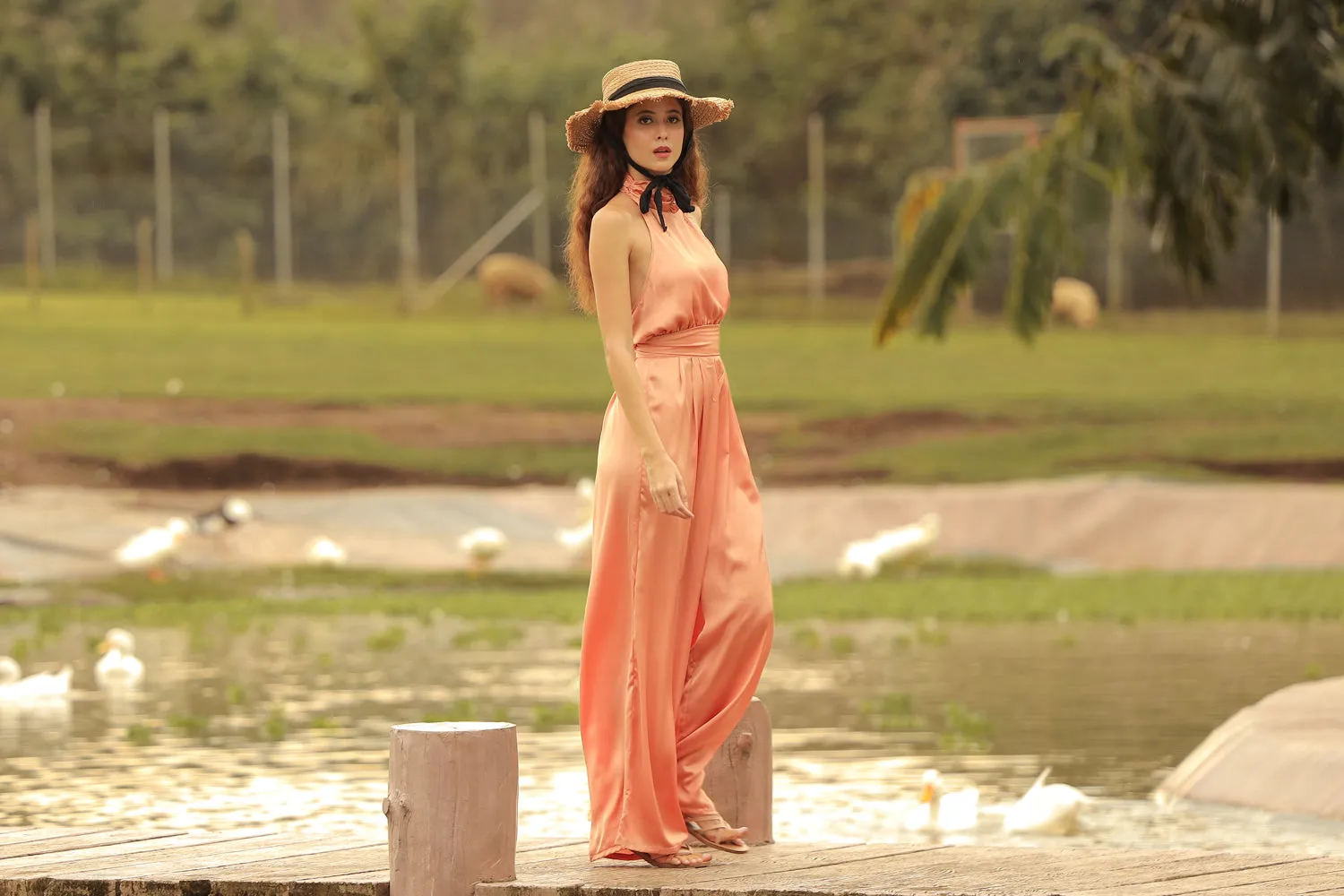 DARCEY PANT SET Halter Tie Back Top with Pleated Wide Leg Pant (Copper SC Silk)