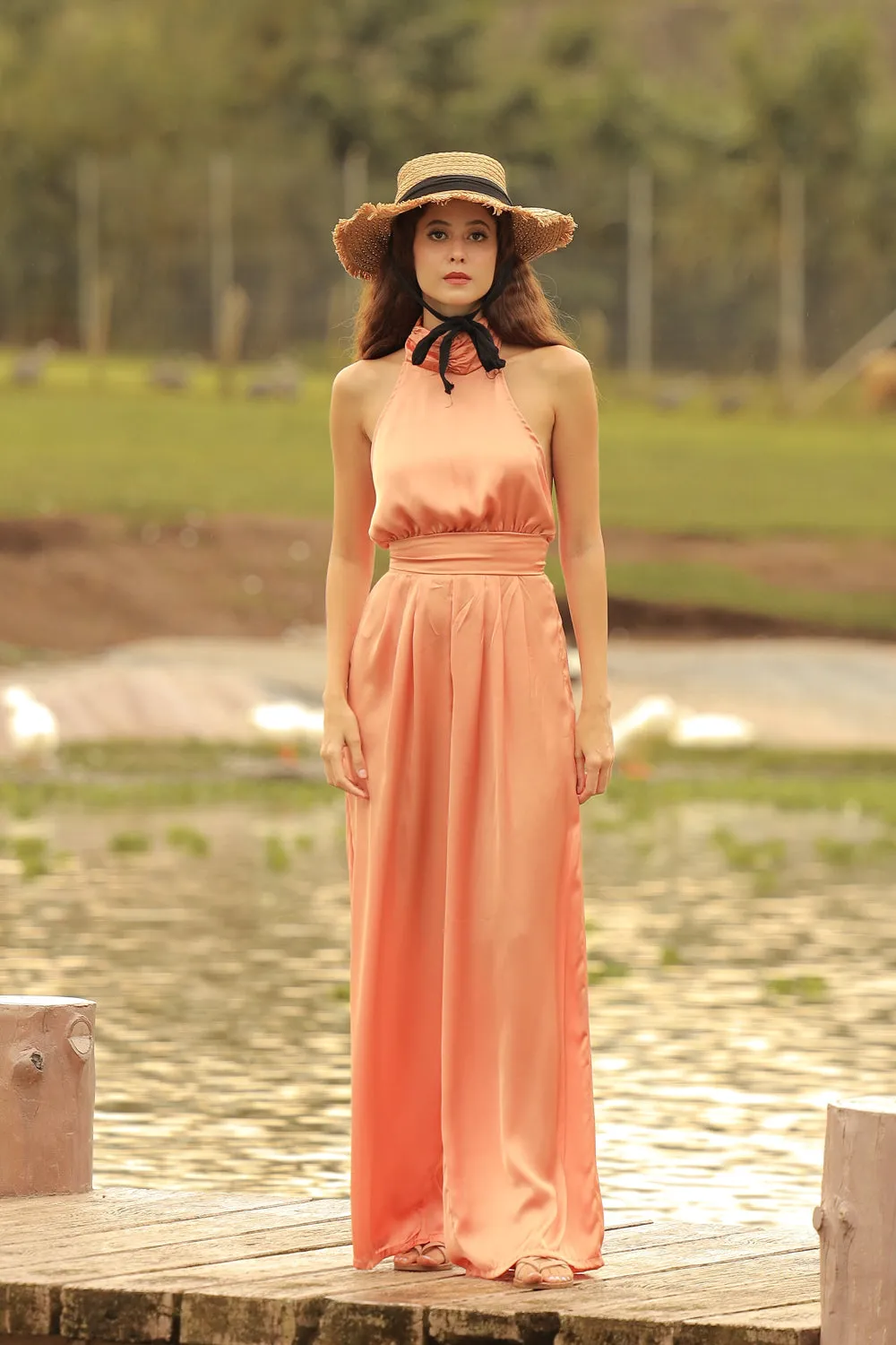 DARCEY PANT SET Halter Tie Back Top with Pleated Wide Leg Pant (Copper SC Silk)