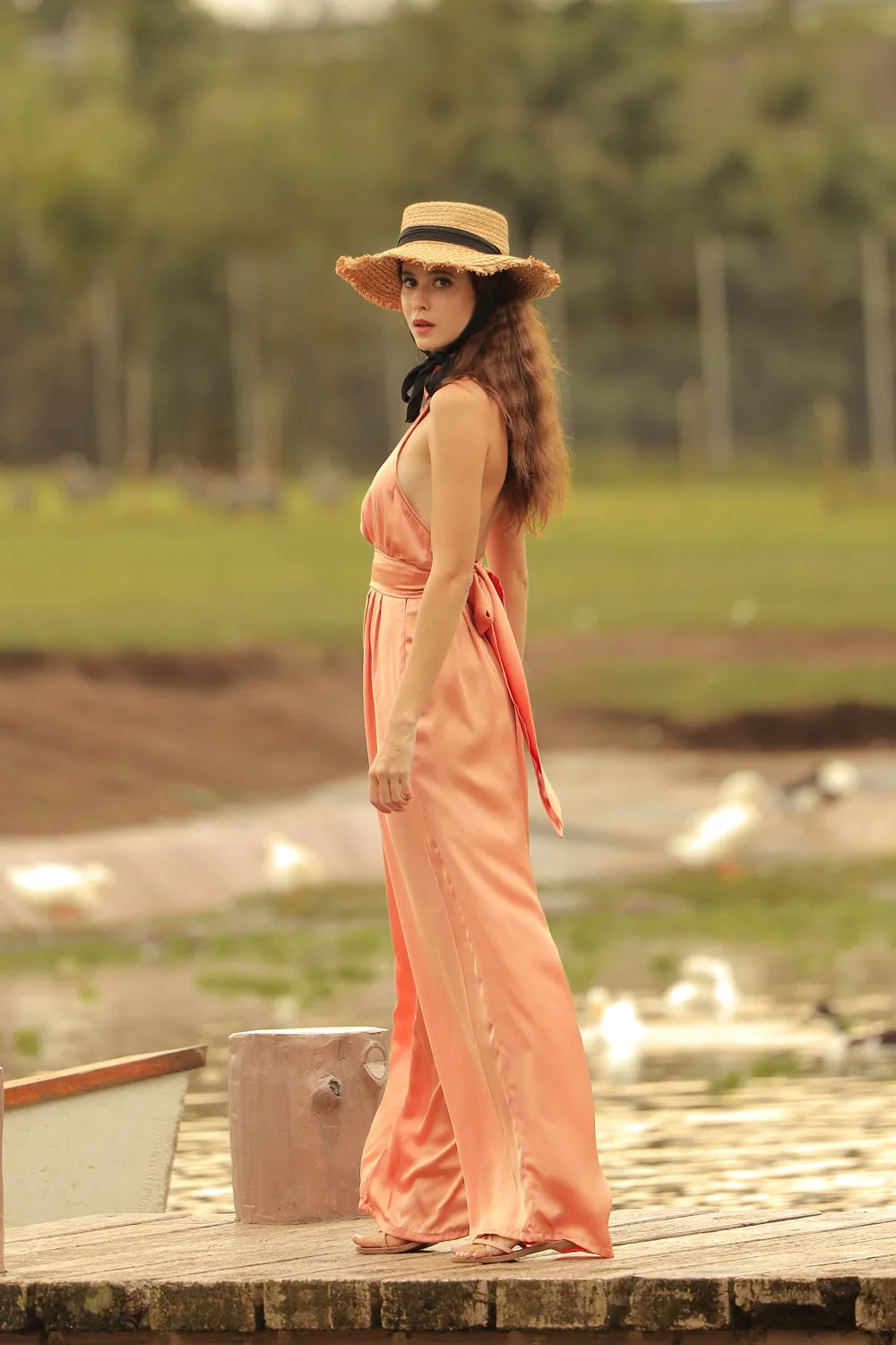 DARCEY PANT SET Halter Tie Back Top with Pleated Wide Leg Pant (Copper SC Silk)