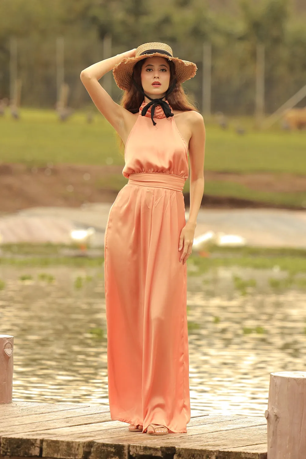 DARCEY PANT SET Halter Tie Back Top with Pleated Wide Leg Pant (Copper SC Silk)