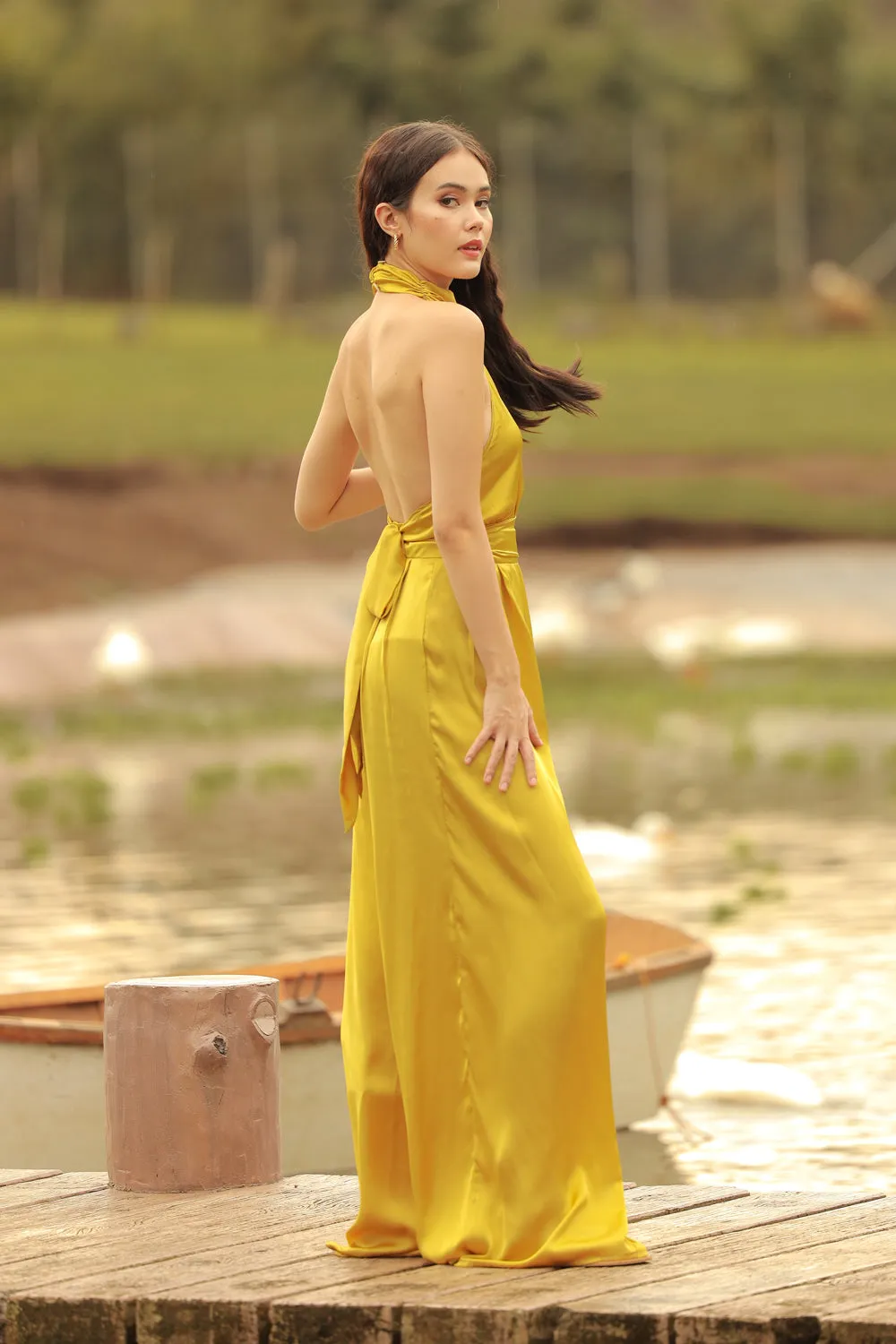 DARCEY PANT SET Halter Tie Back Top with Pleated Wide Leg Pant (Lime Green SC Silk)