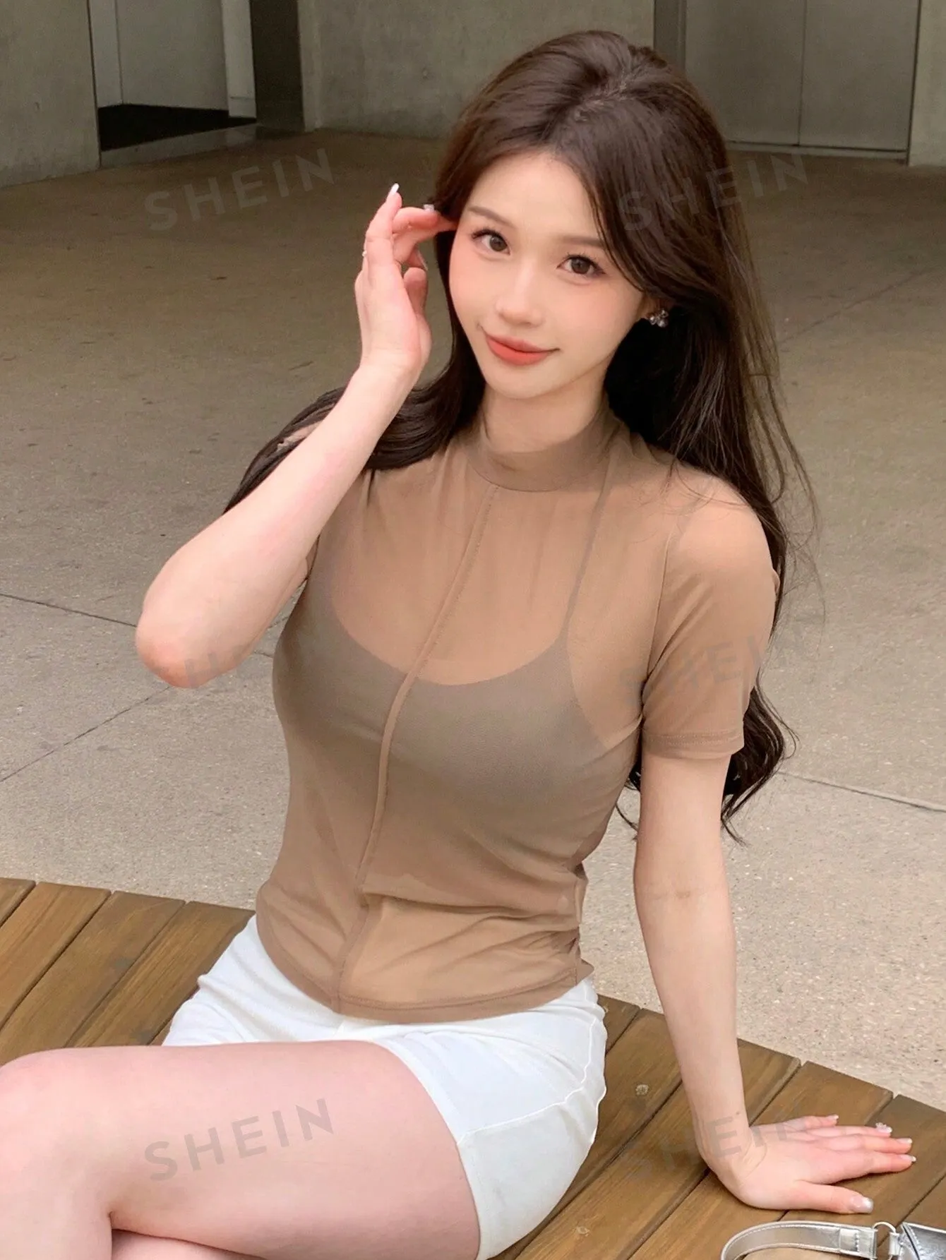 DAZY Women's Summer Solid Color See-Through Mesh Stand Collar Top