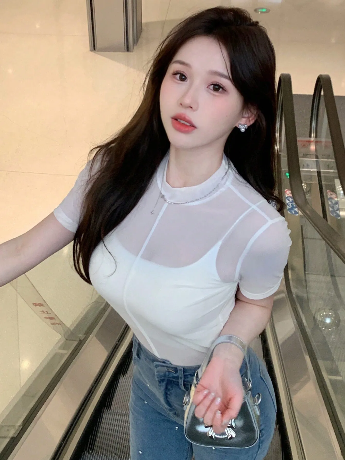 DAZY Women's Summer Solid Color See-Through Mesh Stand Collar Top