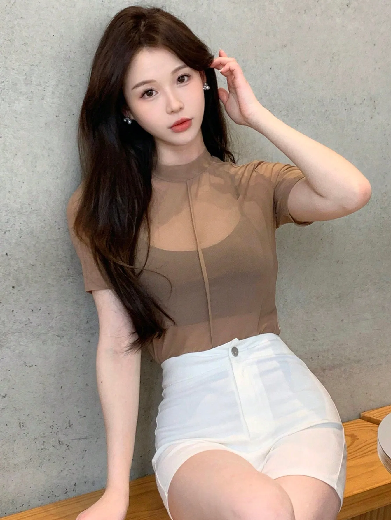 DAZY Women's Summer Solid Color See-Through Mesh Stand Collar Top