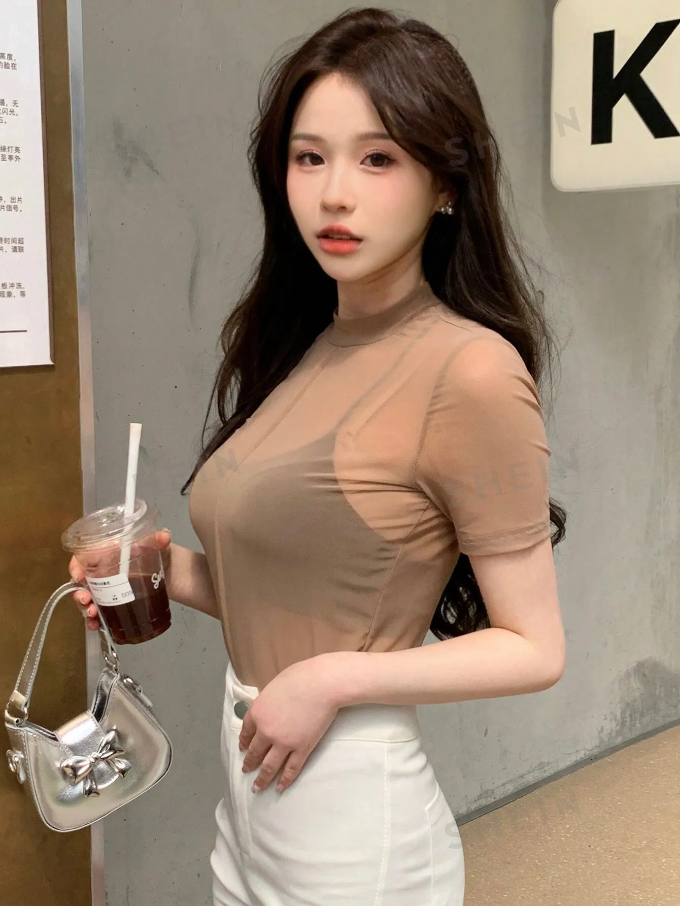 DAZY Women's Summer Solid Color See-Through Mesh Stand Collar Top