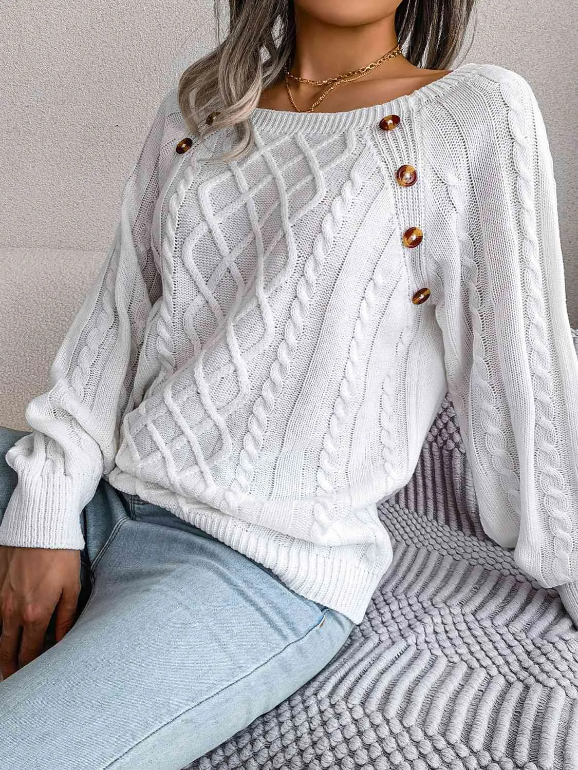 Decorative Button Cable-Knit Sweater (5 Colors)