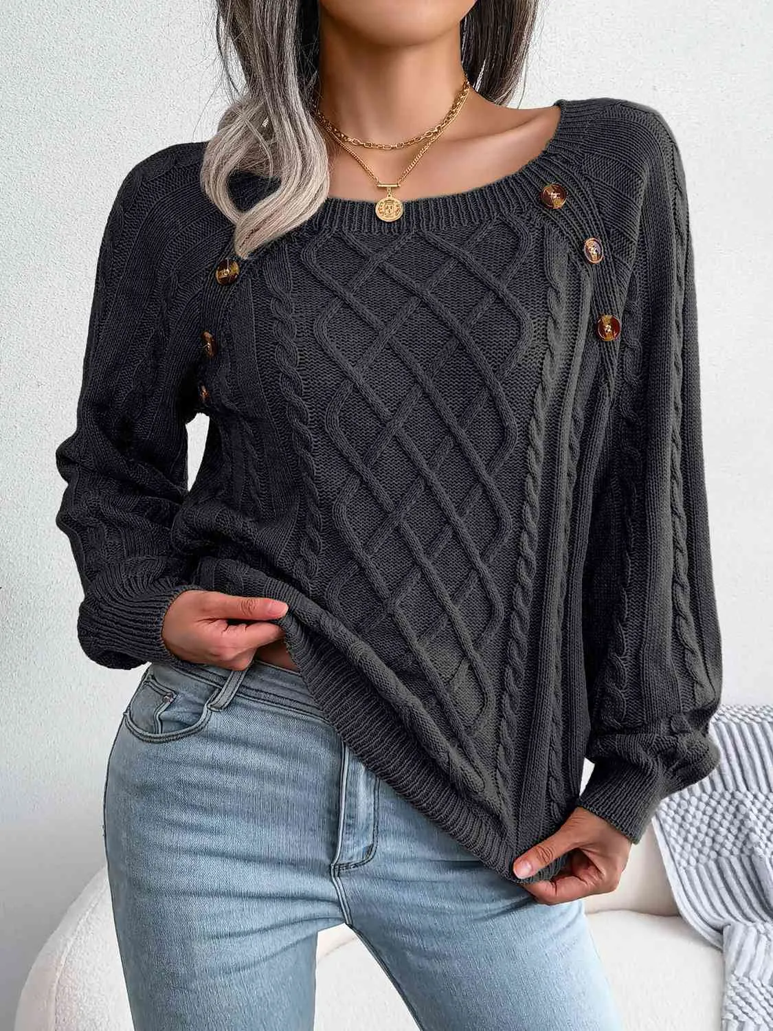 Decorative Button Cable-Knit Sweater (5 Colors)
