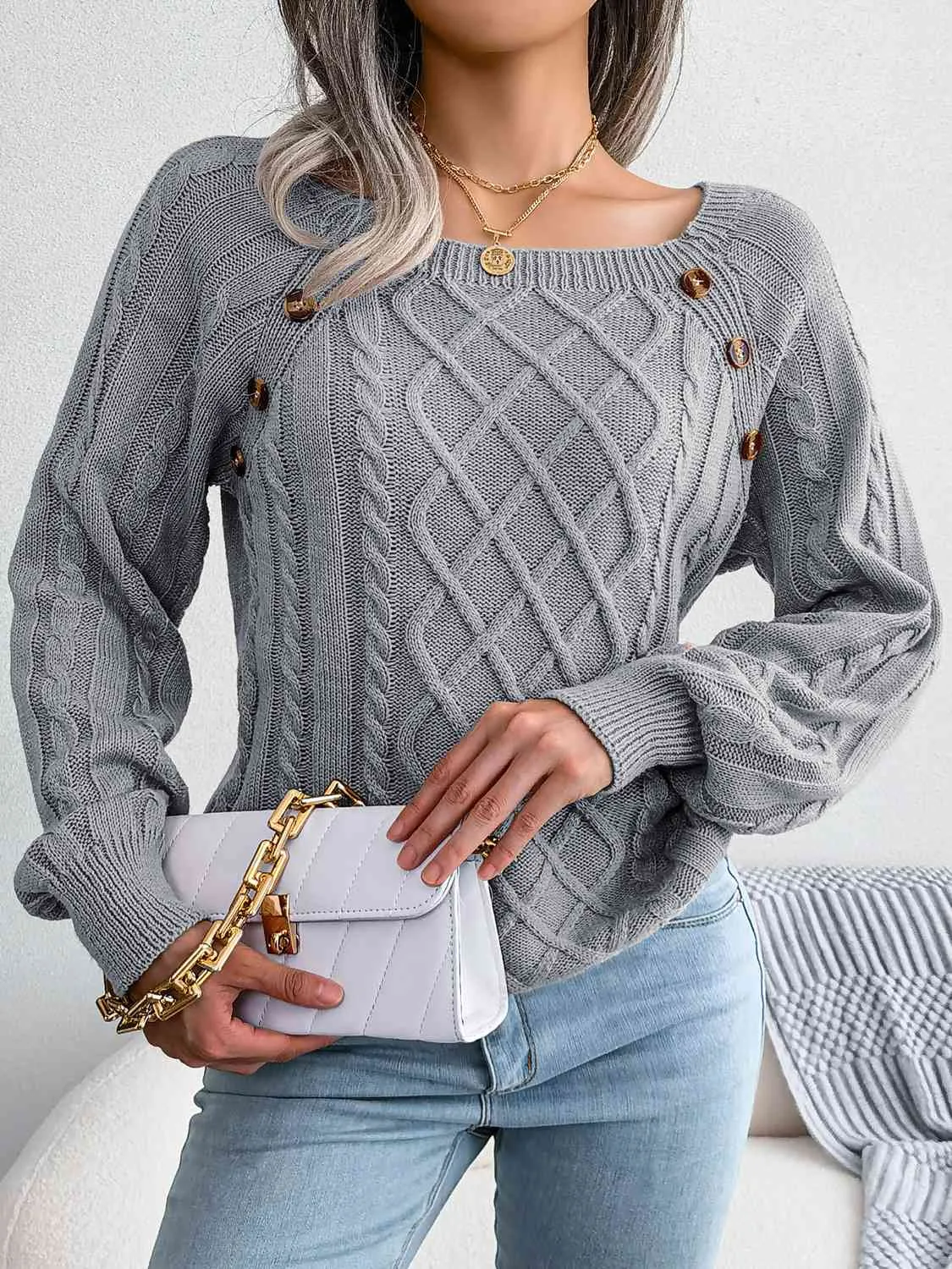 Decorative Button Cable-Knit Sweater (5 Colors)