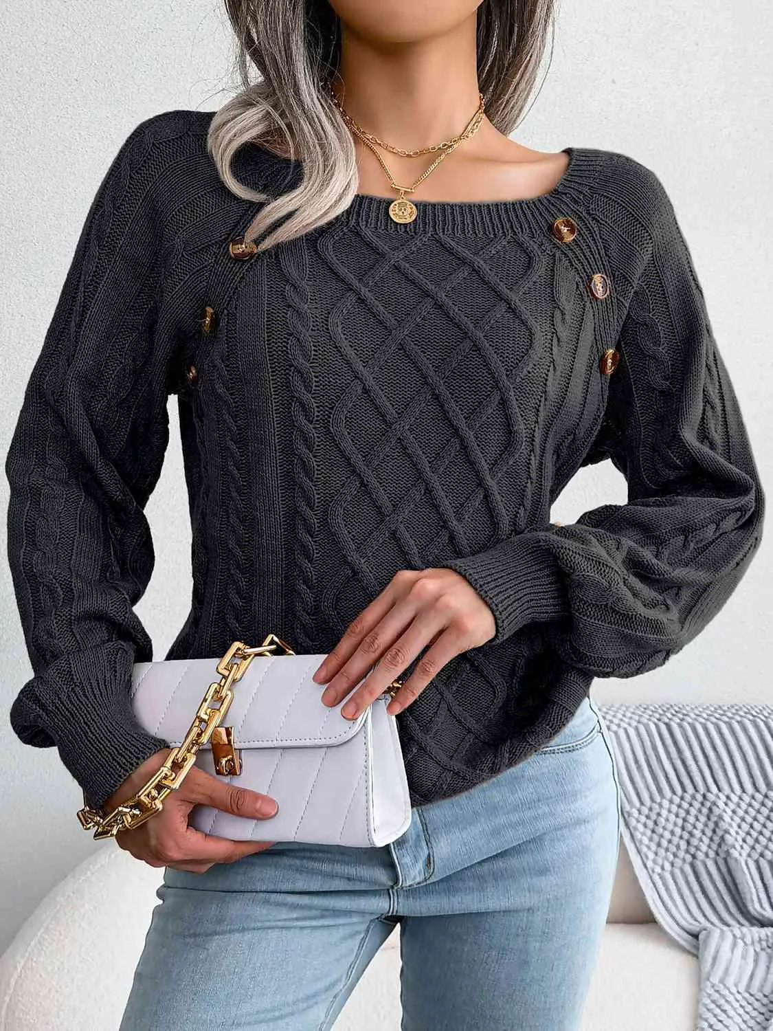 Decorative Button Cable-Knit Sweater (5 Colors)