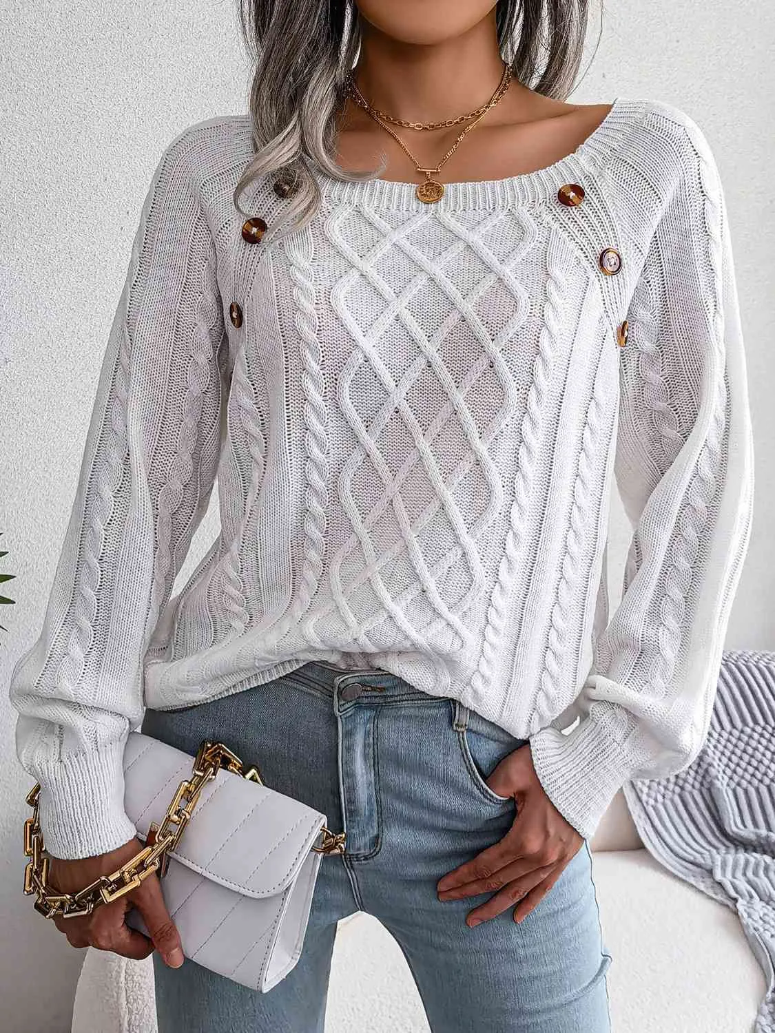 Decorative Button Cable-Knit Sweater (5 Colors)