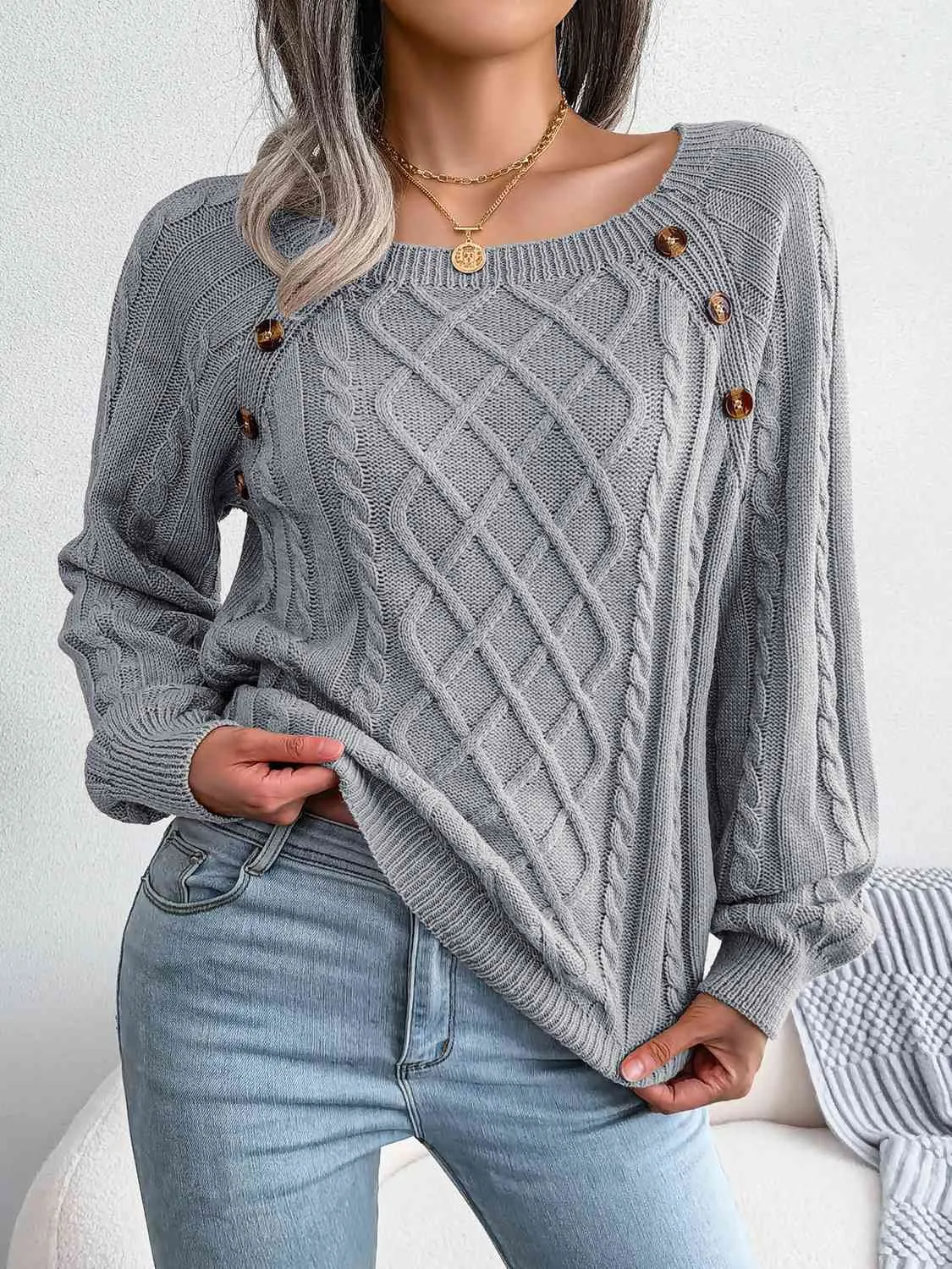 Decorative Button Cable-Knit Sweater (5 Colors)