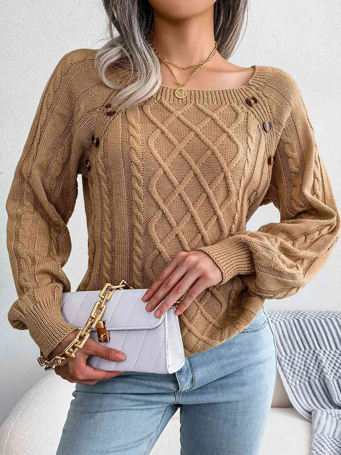 Decorative Button Cable-Knit Sweater (5 Colors)