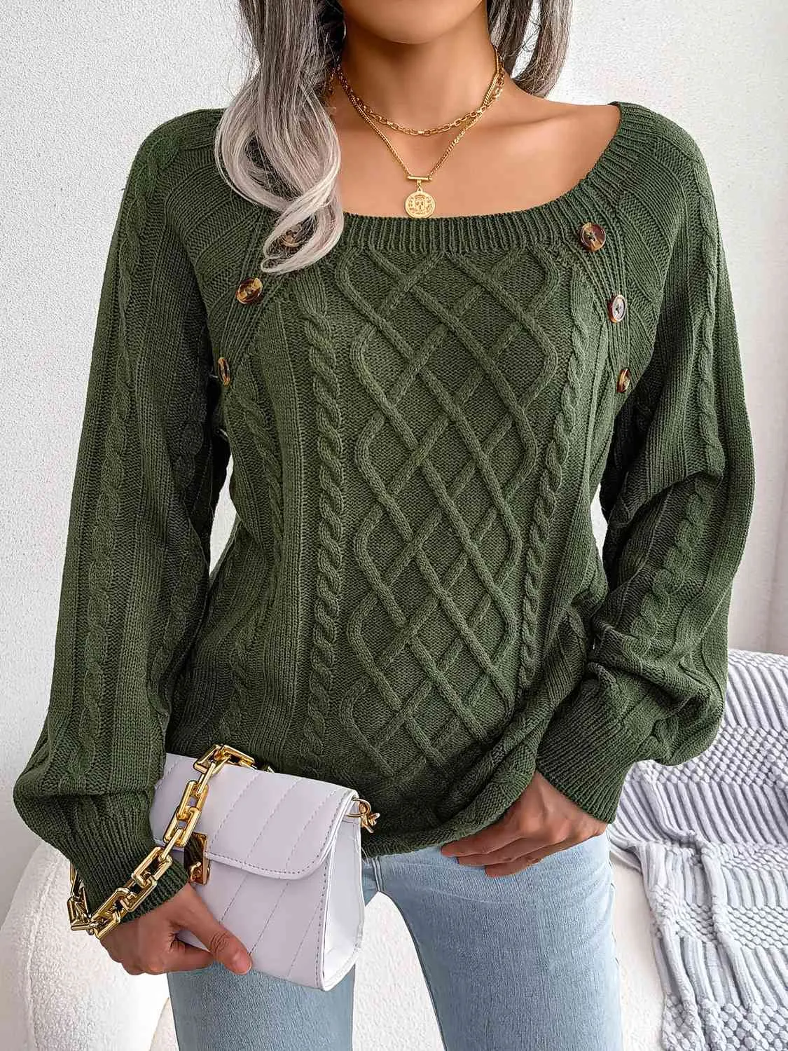 Decorative Button Cable-Knit Sweater (5 Colors)