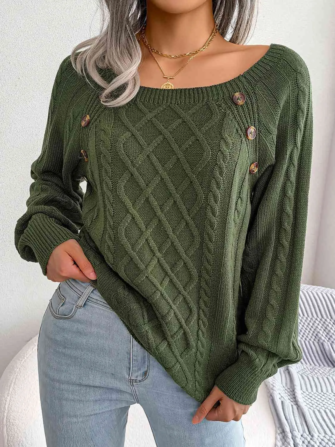 Decorative Button Cable-Knit Sweater (5 Colors)