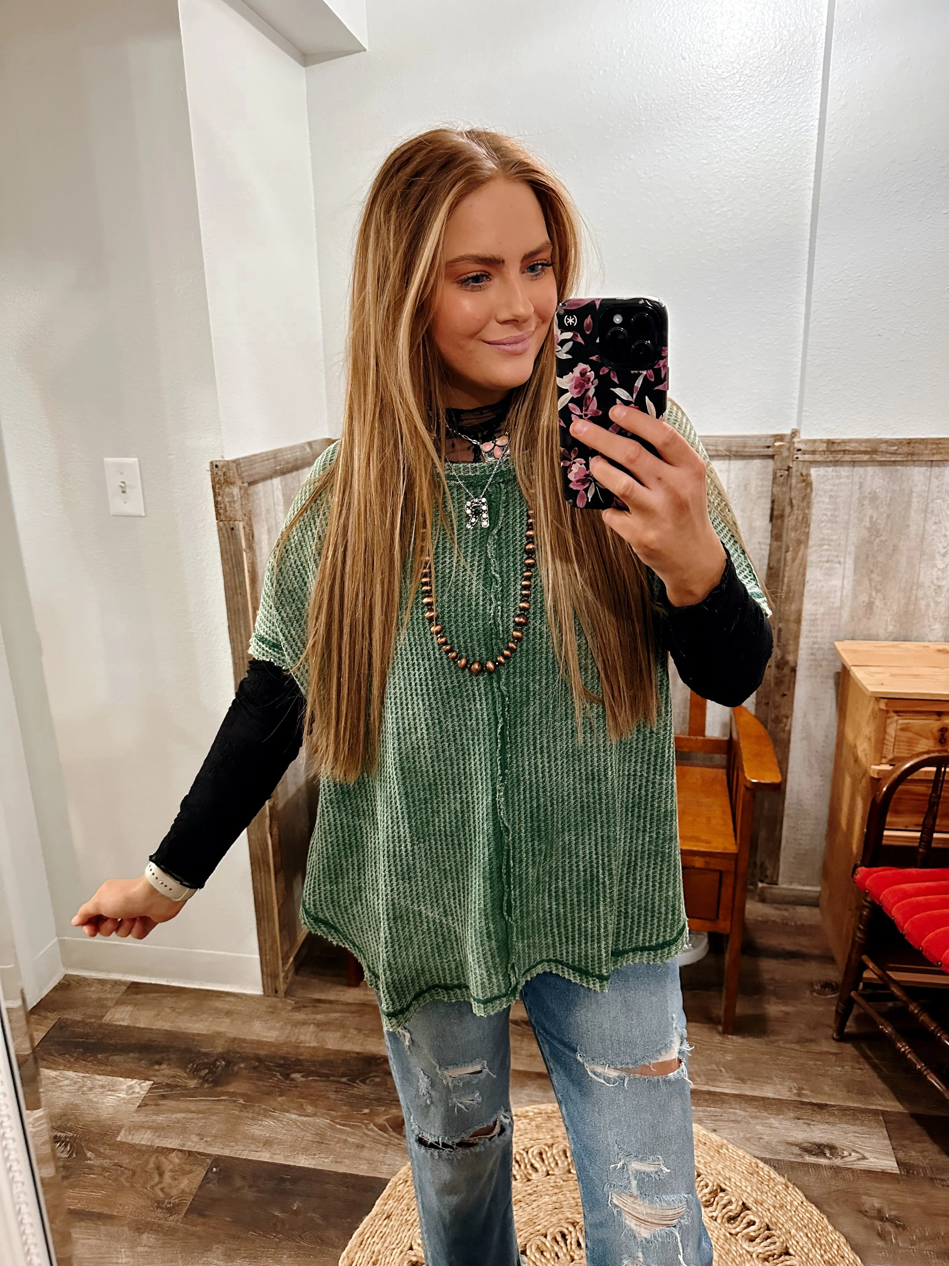 Dk Green Waffle Knit Top