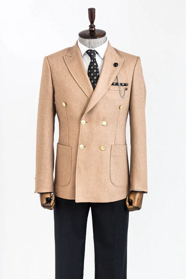 Double Breasted Slim Fit Cream Men Blazer - Wessi