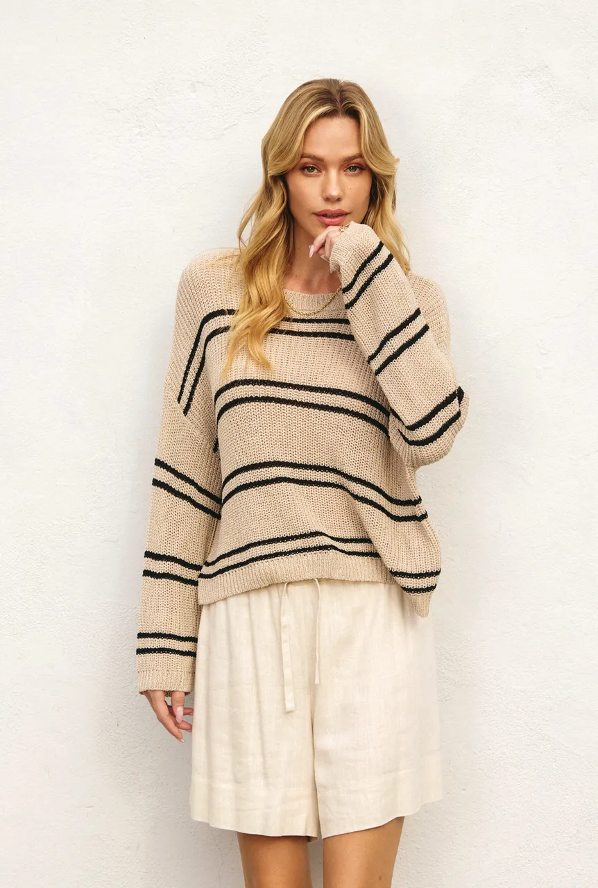 Double Striped Long Sleeve Open Knit Top