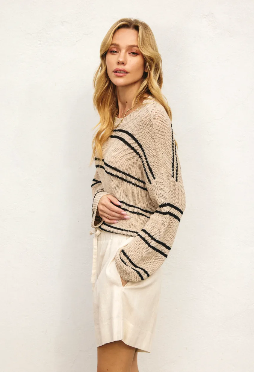 Double Striped Long Sleeve Open Knit Top