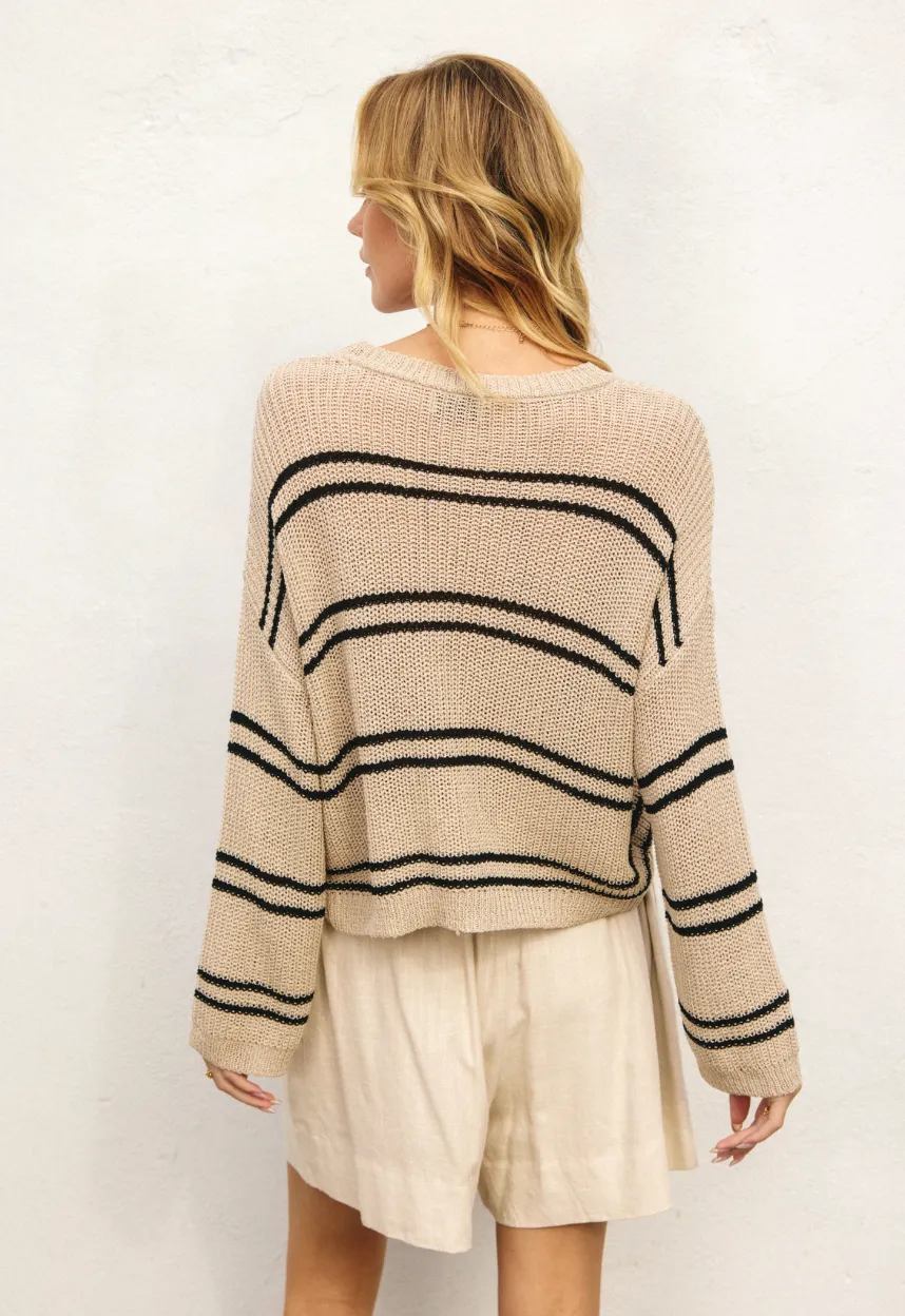 Double Striped Long Sleeve Open Knit Top
