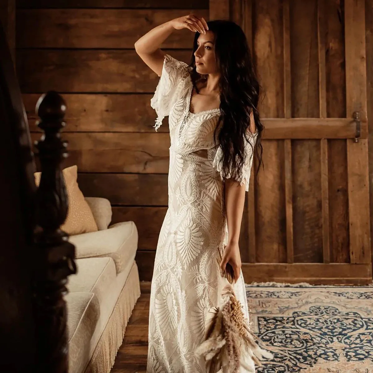 Drop Sleeves A Line Outdoor Wedding Boho Backless Column Spaghetti Straps Summer Customized Flowy Lightweight Lace Bridal Gowns