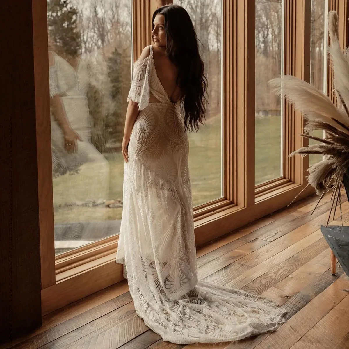 Drop Sleeves A Line Outdoor Wedding Boho Backless Column Spaghetti Straps Summer Customized Flowy Lightweight Lace Bridal Gowns