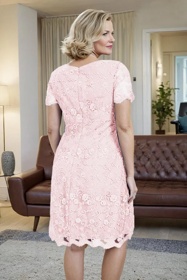 Elegant Short Sleeves Column Knee Length Mother of the Bride Dress