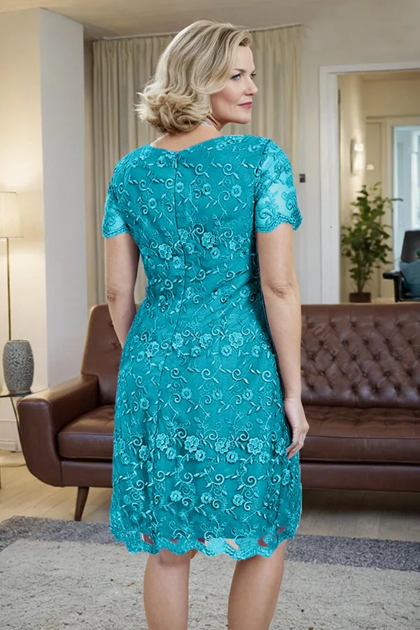 Elegant Short Sleeves Column Knee Length Mother of the Bride Dress