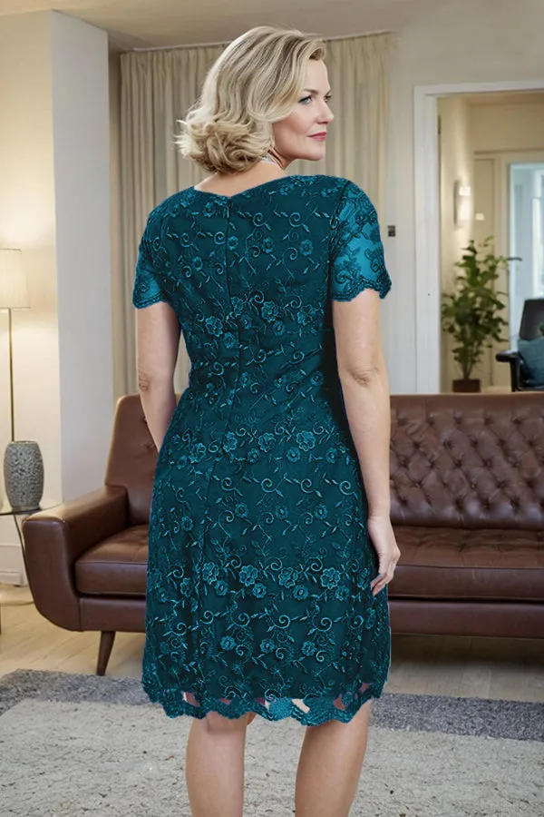 Elegant Short Sleeves Column Knee Length Mother of the Bride Dress