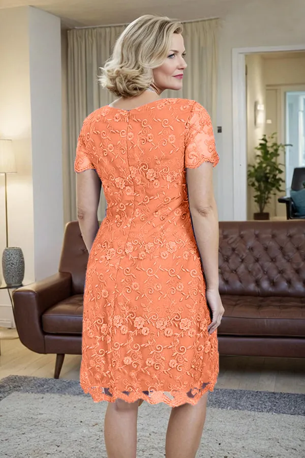 Elegant Short Sleeves Column Knee Length Mother of the Bride Dress