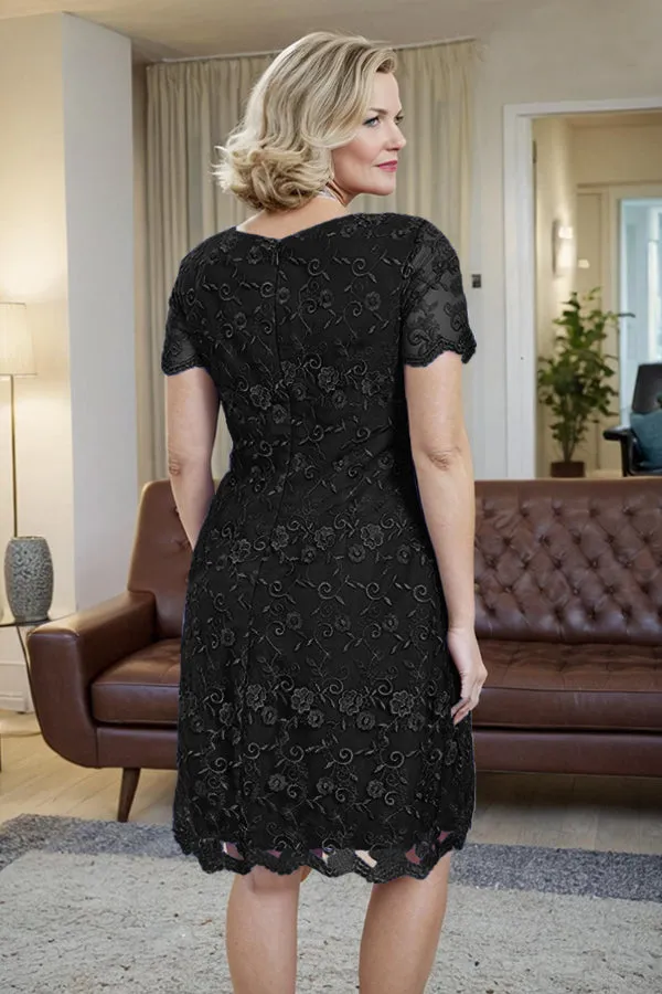 Elegant Short Sleeves Column Knee Length Mother of the Bride Dress