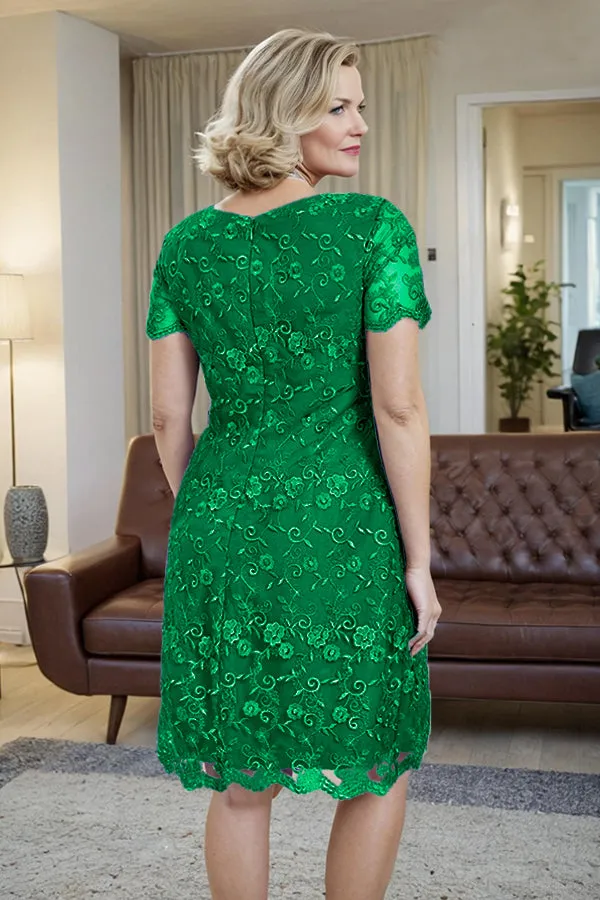 Elegant Short Sleeves Column Knee Length Mother of the Bride Dress