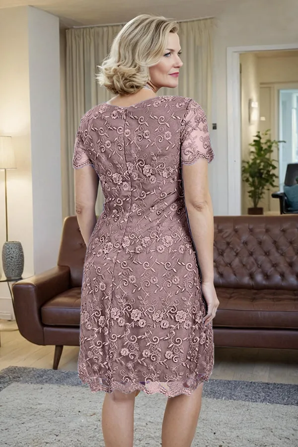 Elegant Short Sleeves Column Knee Length Mother of the Bride Dress
