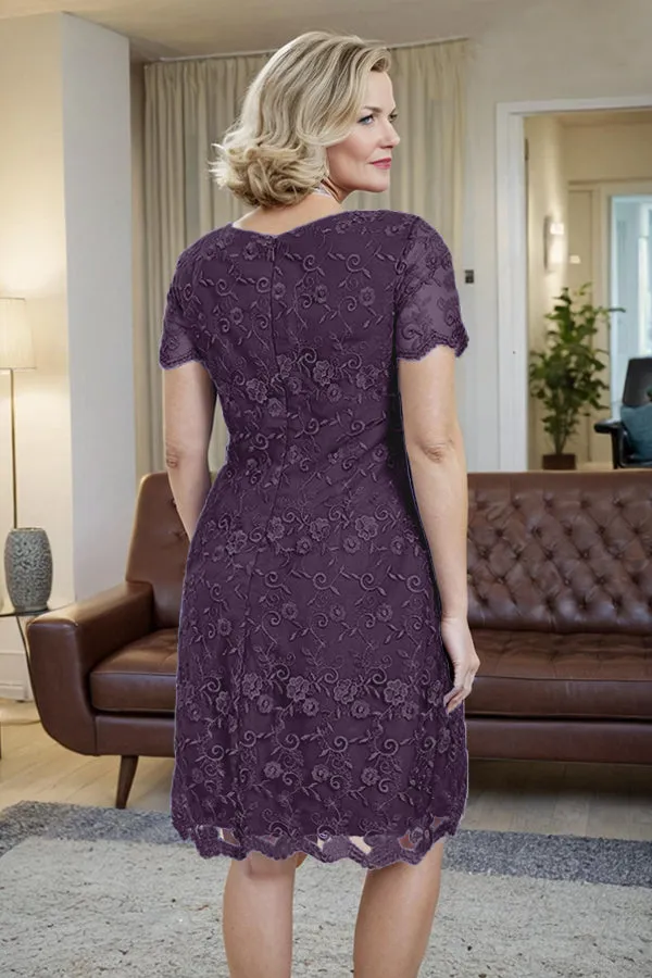 Elegant Short Sleeves Column Knee Length Mother of the Bride Dress