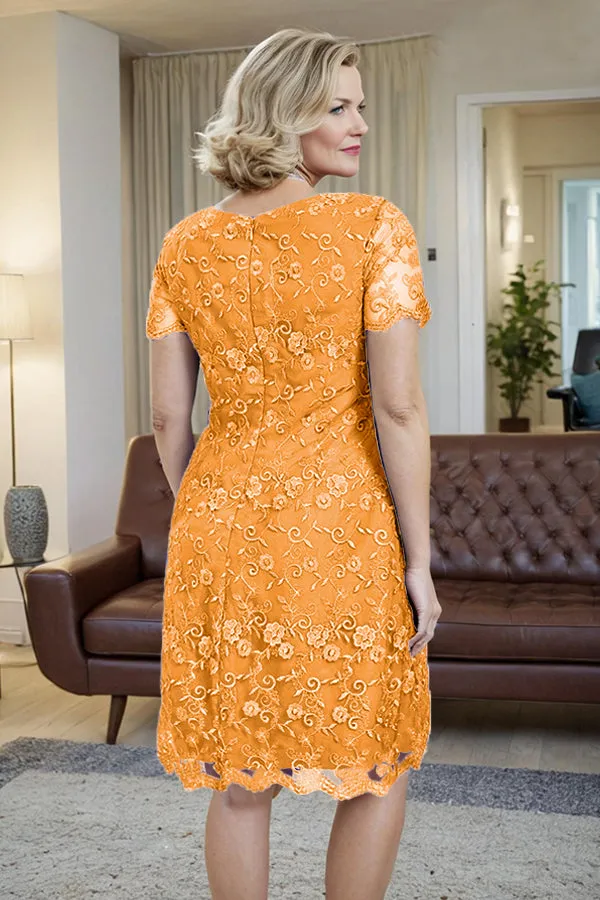 Elegant Short Sleeves Column Knee Length Mother of the Bride Dress