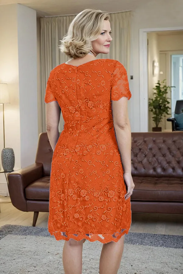 Elegant Short Sleeves Column Knee Length Mother of the Bride Dress