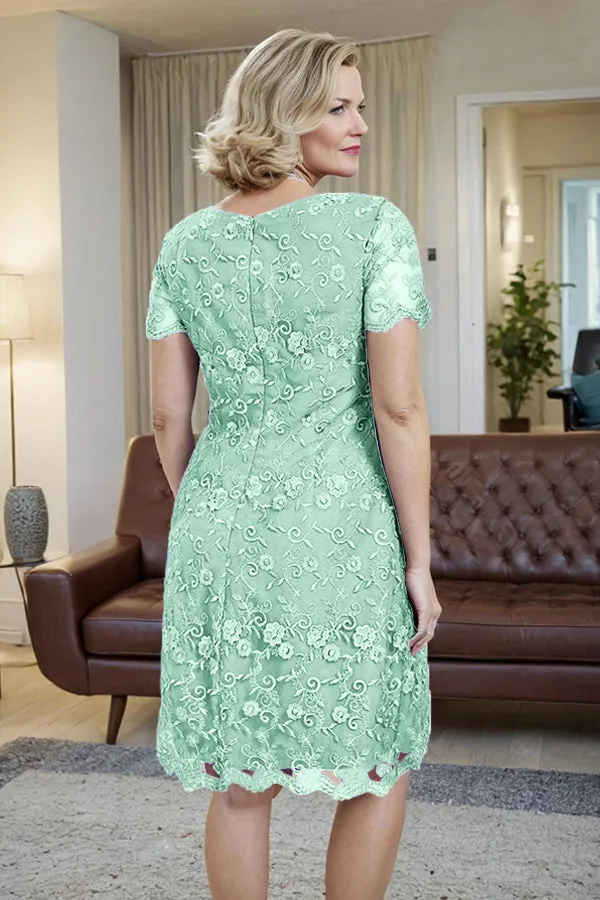 Elegant Short Sleeves Column Knee Length Mother of the Bride Dress