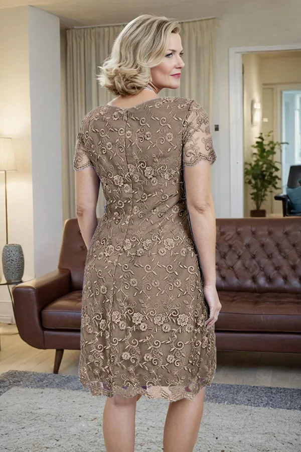 Elegant Short Sleeves Column Knee Length Mother of the Bride Dress