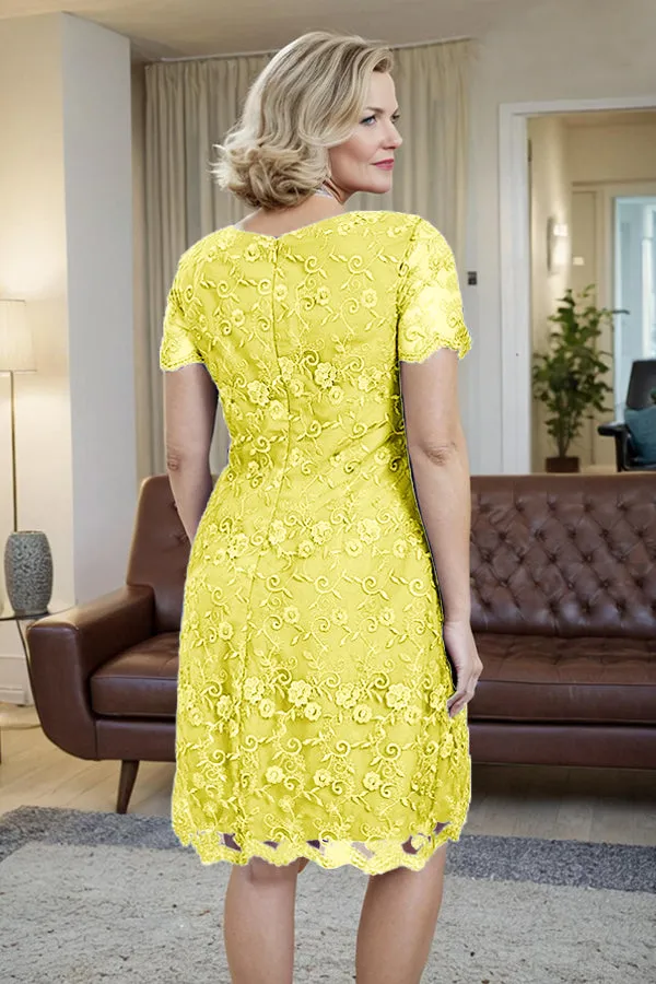 Elegant Short Sleeves Column Knee Length Mother of the Bride Dress
