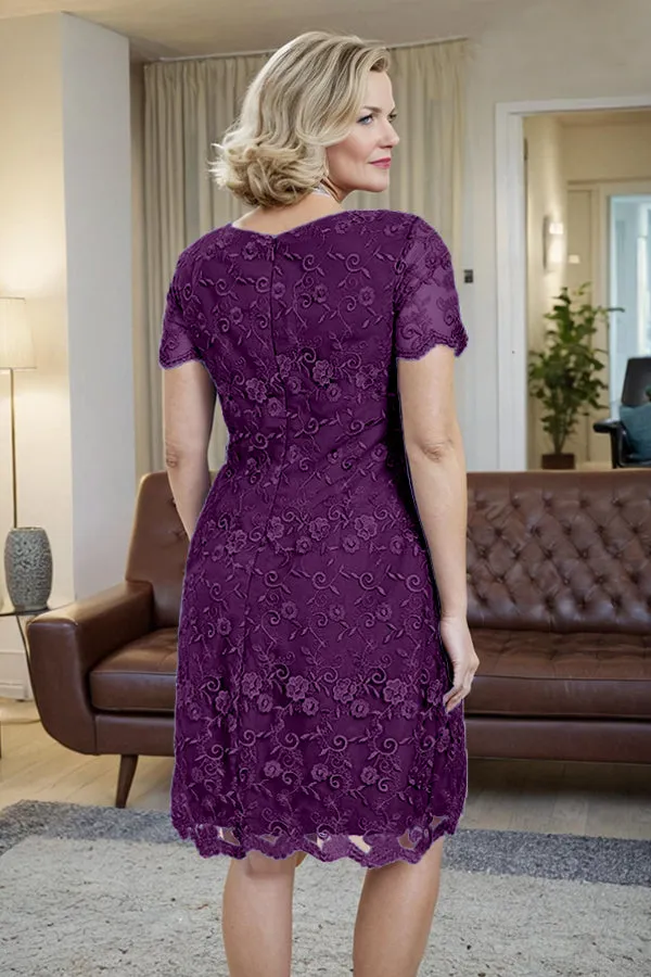 Elegant Short Sleeves Column Knee Length Mother of the Bride Dress