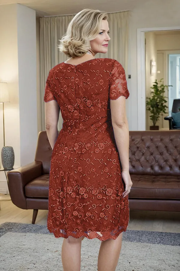 Elegant Short Sleeves Column Knee Length Mother of the Bride Dress
