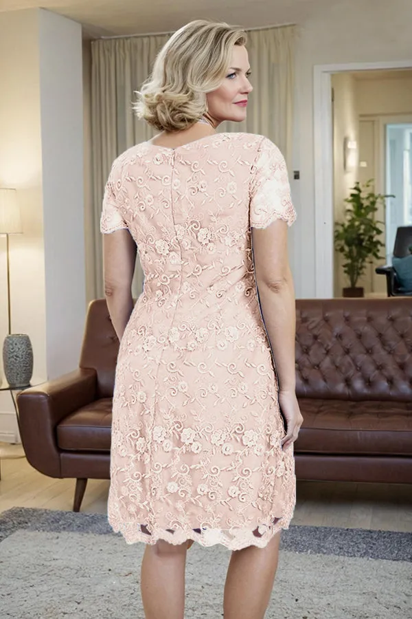 Elegant Short Sleeves Column Knee Length Mother of the Bride Dress