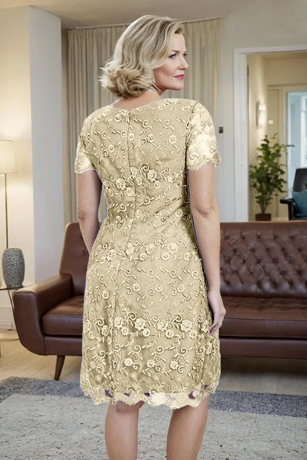 Elegant Short Sleeves Column Knee Length Mother of the Bride Dress
