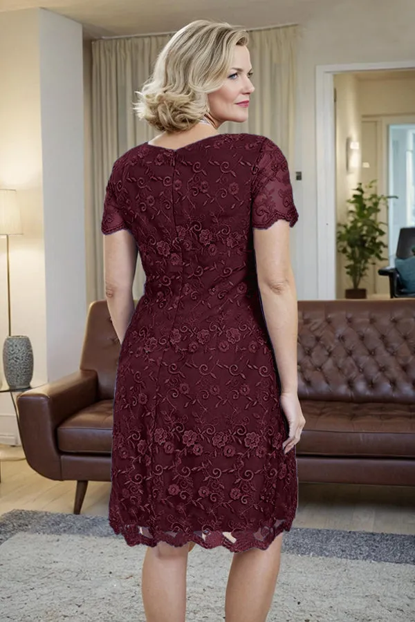 Elegant Short Sleeves Column Knee Length Mother of the Bride Dress