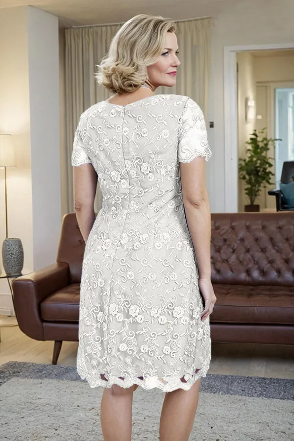 Elegant Short Sleeves Column Knee Length Mother of the Bride Dress