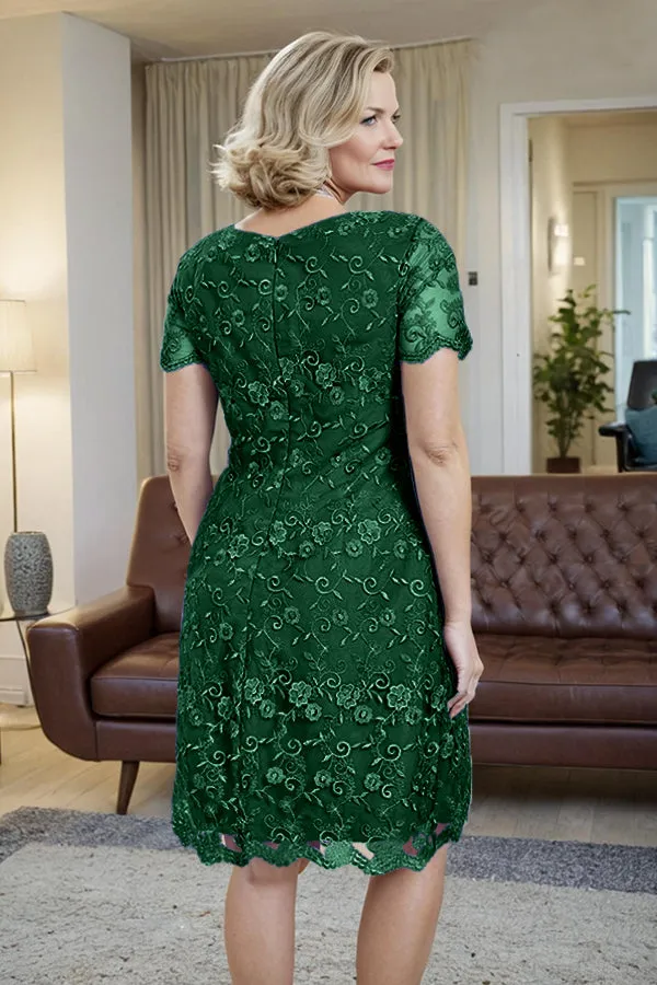 Elegant Short Sleeves Column Knee Length Mother of the Bride Dress