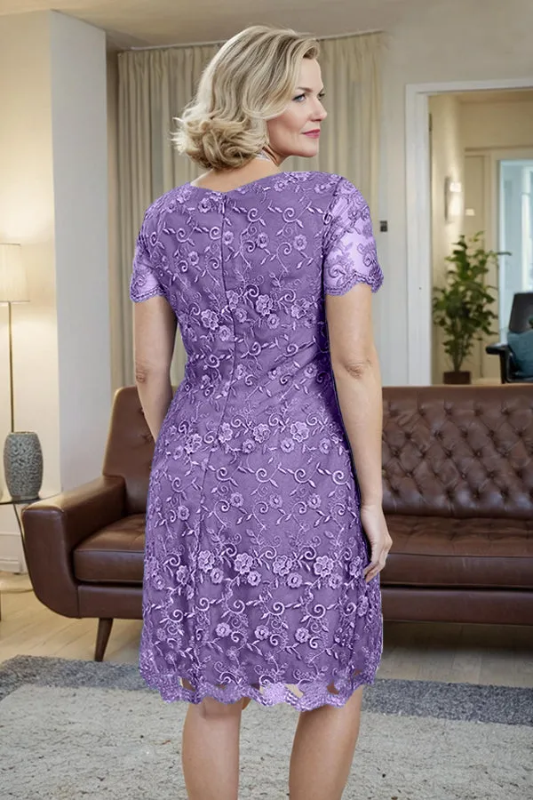 Elegant Short Sleeves Column Knee Length Mother of the Bride Dress