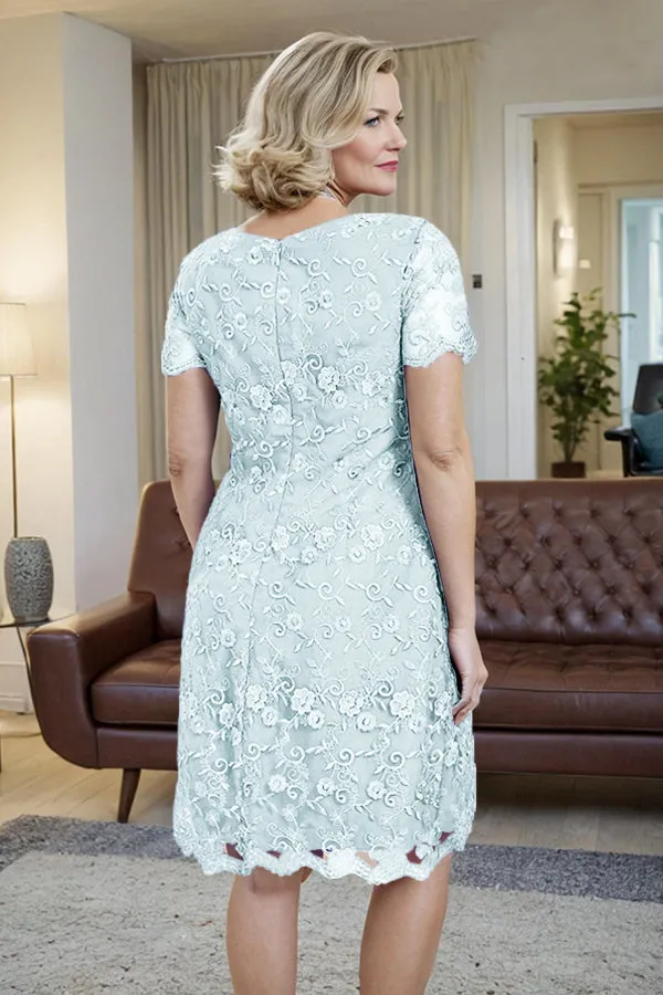 Elegant Short Sleeves Column Knee Length Mother of the Bride Dress