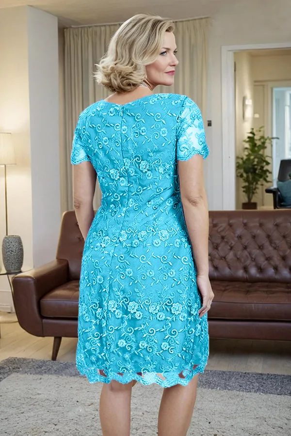 Elegant Short Sleeves Column Knee Length Mother of the Bride Dress