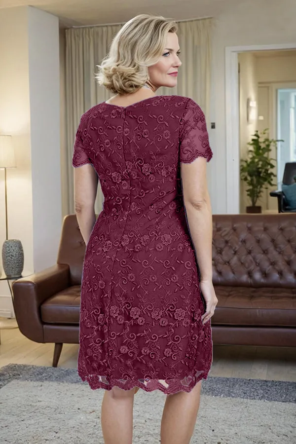 Elegant Short Sleeves Column Knee Length Mother of the Bride Dress